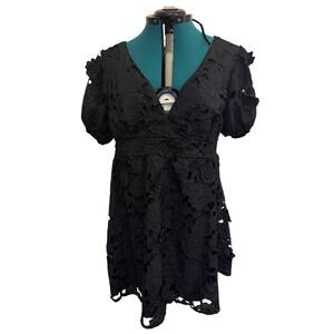 Francesca's Size XL Black  Floral Lace Mini Dress V Neck Short Puff Lined Empire